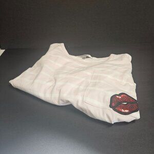 Madden Girl L Pink/White striped long sleeve shirt with sequin red lips